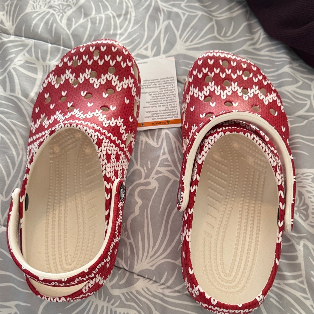 CROCS Red and White Patterned Mules